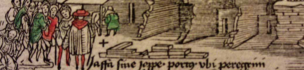 Erhard Reuwich, Sbarco dei pellegrini a Giaffa fra caverne e rovine (dettaglio), mappa della Terra Santa per la guida di Bernhard von Breydenbach, Mainz, 1486.